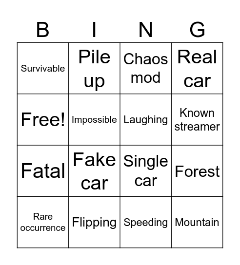 BeamNG Crashes Bingo Card