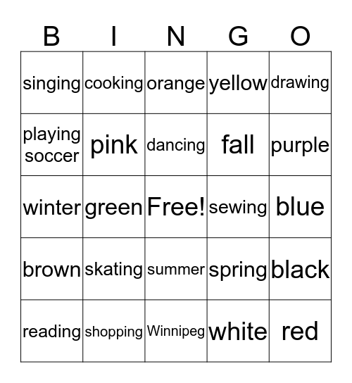 Colours/Seasons/Fun Activities Bingo Card