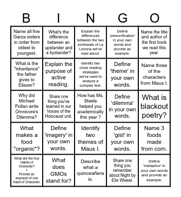 BINGO Mastery Challenge by Ms. Steele Bingo Card