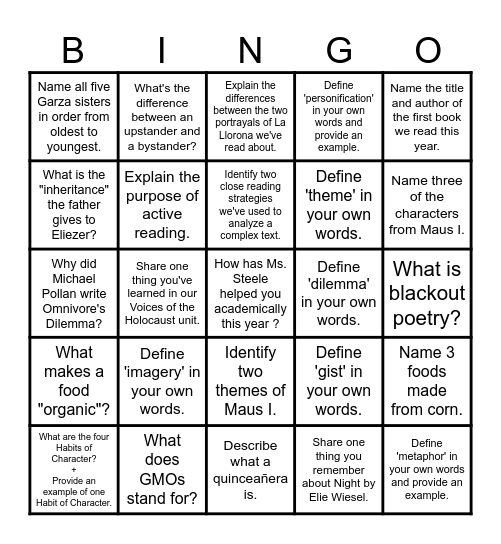 BINGO Mastery Challenge by Ms. Steele Bingo Card