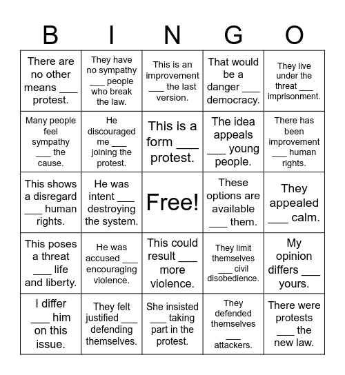 Dependent prepositions Bingo Card