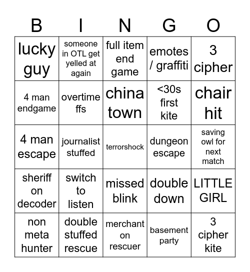 OTL vs TFC Bingo Card