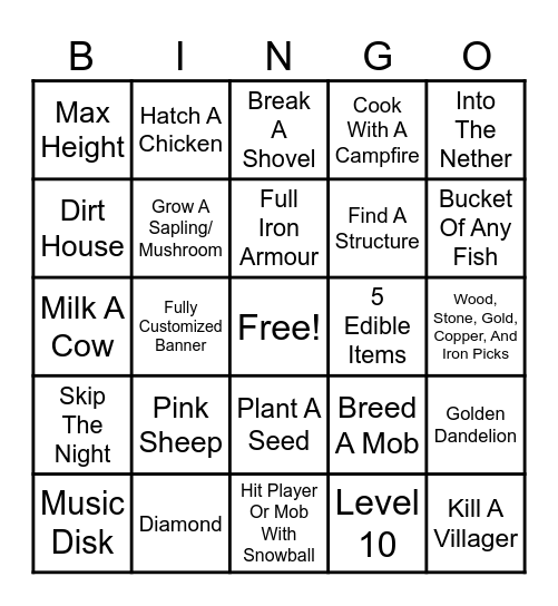 Minecraft Bingo Card