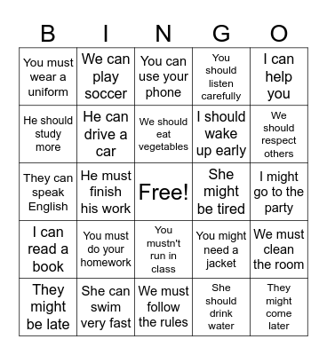 Modal Verbs Bingo Card