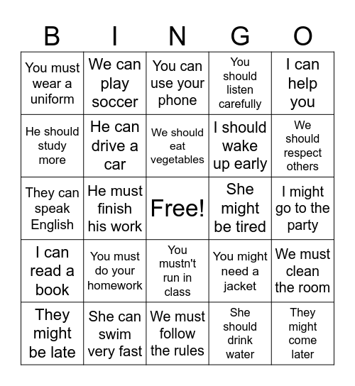 Modal Verbs Bingo Card