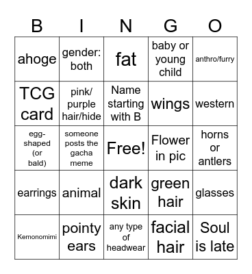 UFG gacha #18 Bingo Card