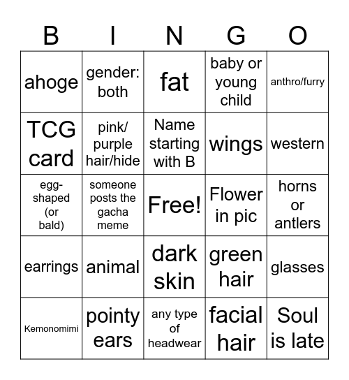 UFG gacha #18 Bingo Card