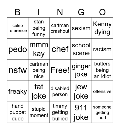 southpark Bingo Card