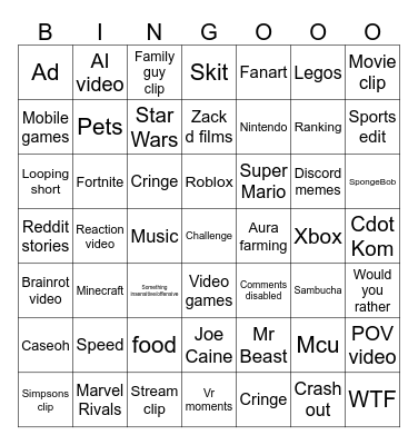 Ultimate YouTube shorts bingo Card