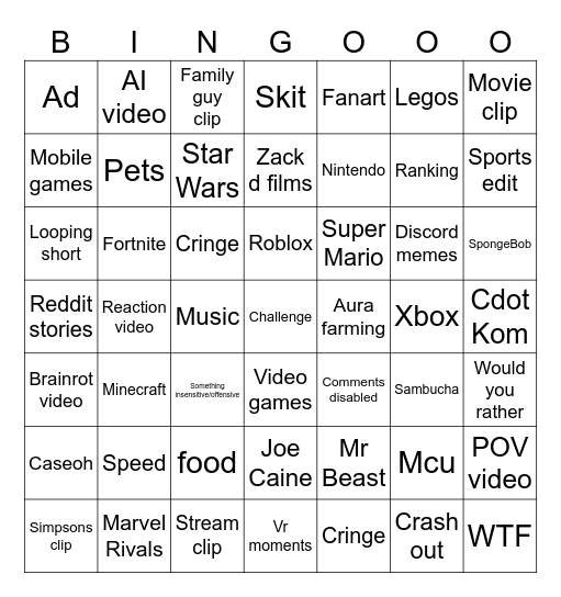Ultimate YouTube shorts bingo Card