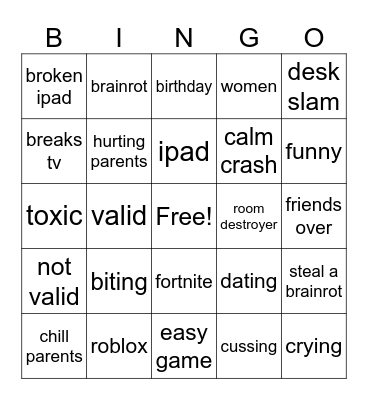 kids crash out Bingo Card