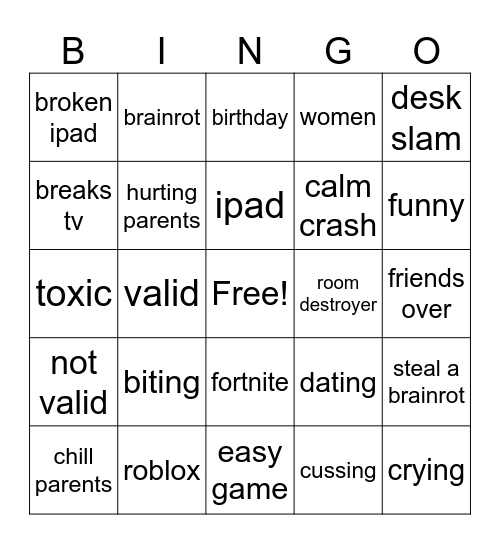 kids crash out Bingo Card