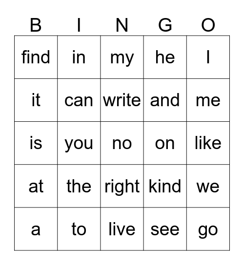 Sight Word Bingo 1 Bingo Card