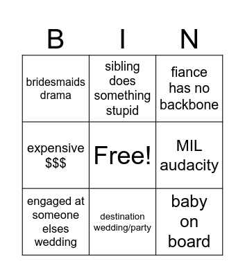 Smosh Reddit Wedding Bingo Card