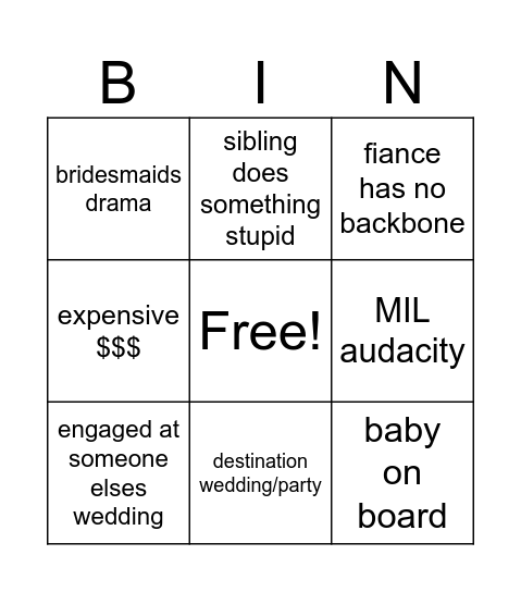 Smosh Reddit Wedding Bingo Card