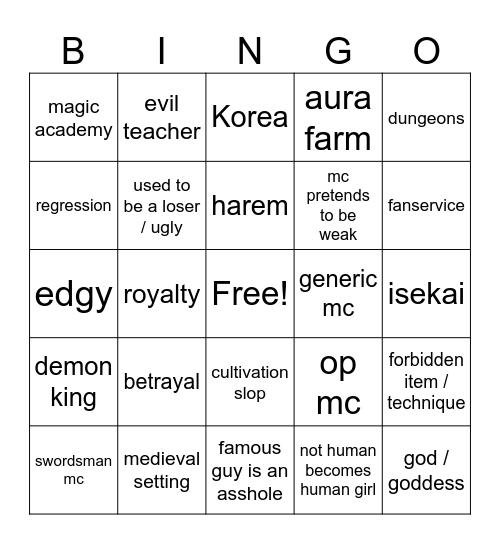 manhwa slop bingo Card