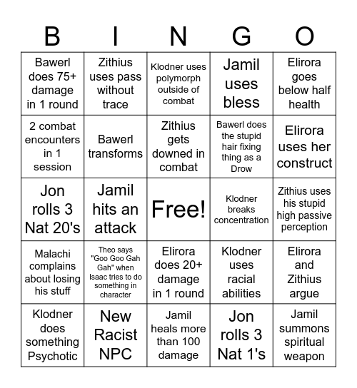D&D Session Bingo Card