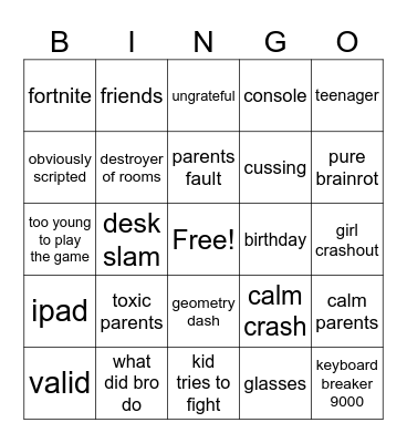 kids crashout u-b Bingo Card