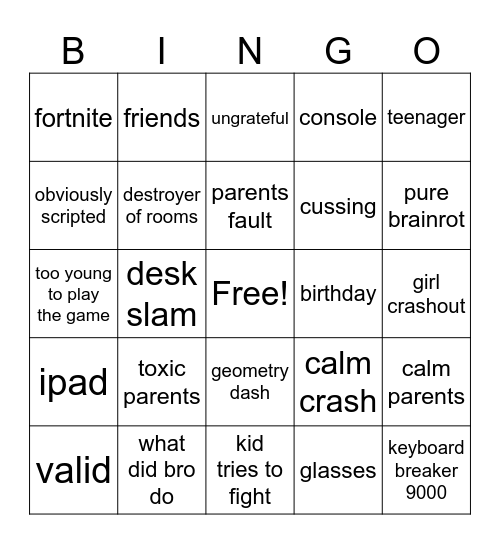 kids crashout u-b Bingo Card