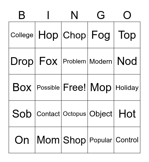Short O /ɑ/ Bingo Card