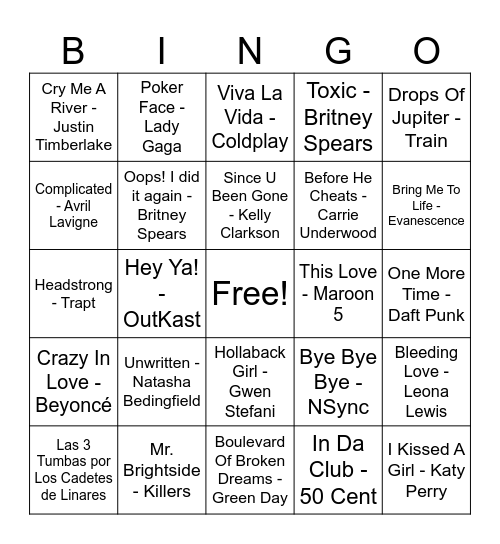 2000's Hits Bingo Card