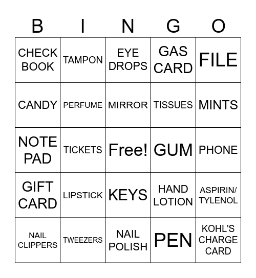 WHAT'S IN YOUR PURSE Bingo Card