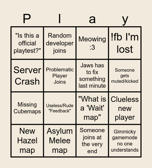 Playtest Bingo Card