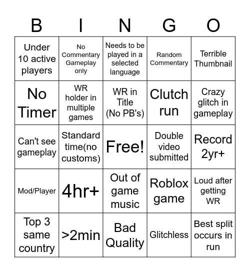 Speedrunning Bingo Card