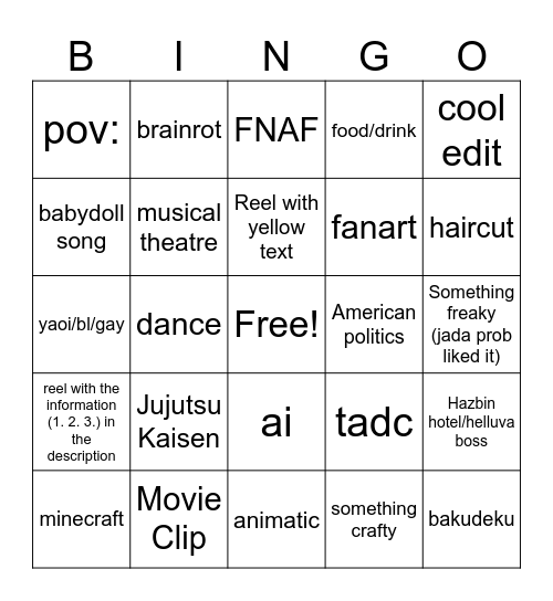 Instagram Bingo Card