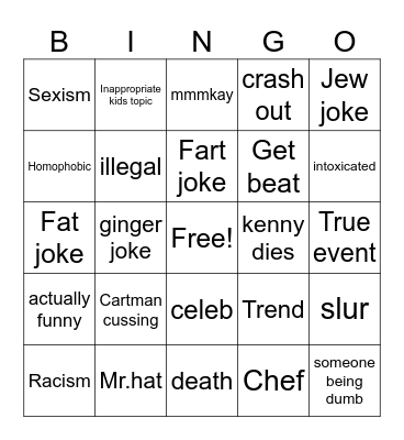 South Park Bingo Card