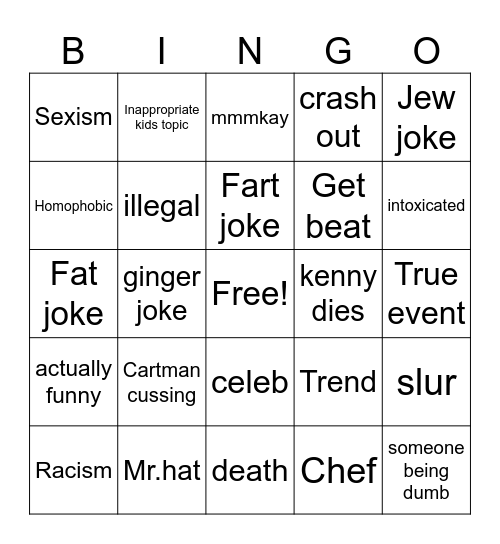 South Park Bingo Card
