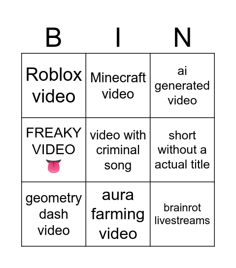 youtube Bingo Card