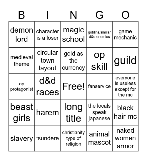 Isekai tropes Bingo Card