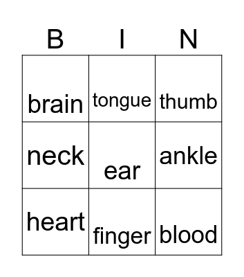 BODY PARTS Bingo Card