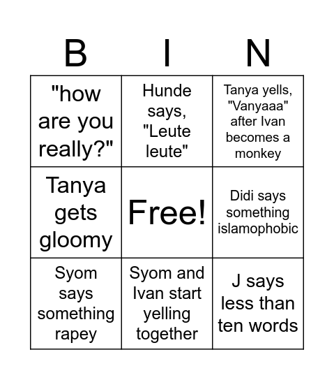 Linzzzer Bingo Card