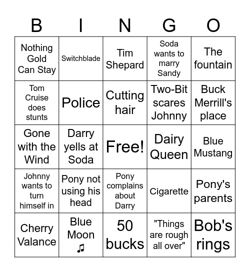 The Outsiders 1983 Bingo Card