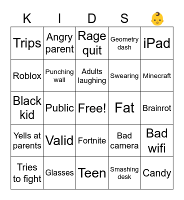 rating crash out kids Bingo Card