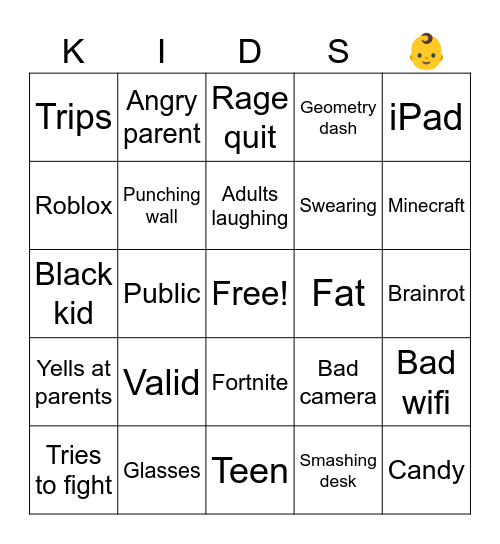 rating crash out kids Bingo Card