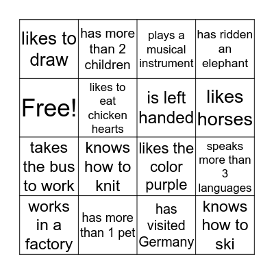 Get to know you bingo Card