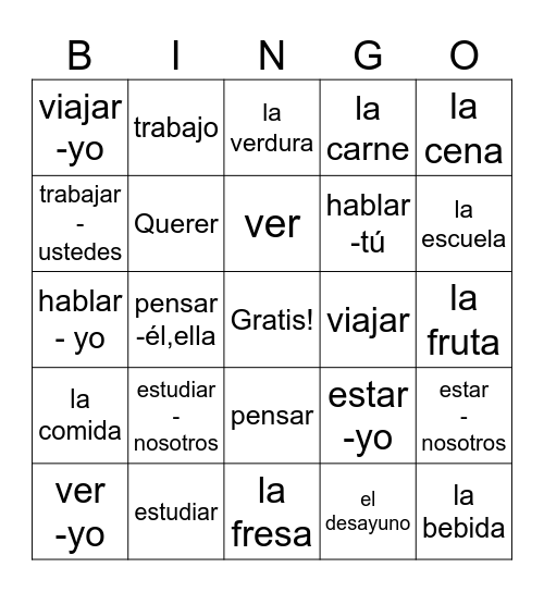 -ar verbs infinitive Bingo Card