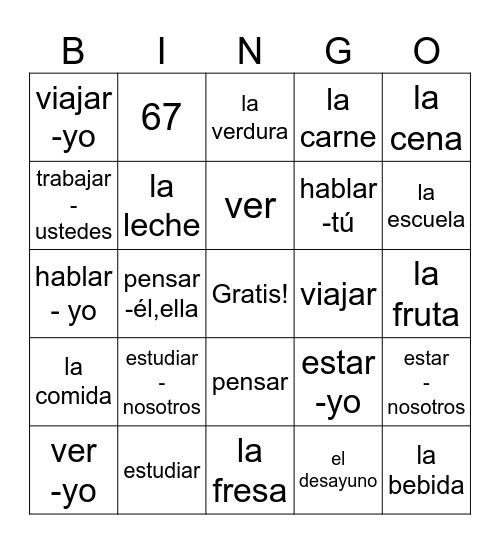 -ar verbs infinitive Bingo Card