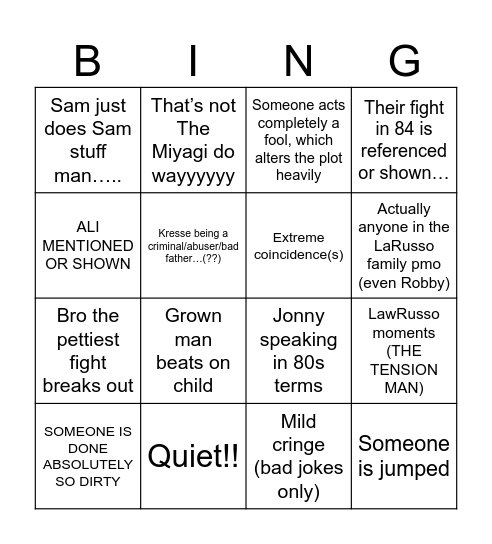 Cobra Kai Bingo Card