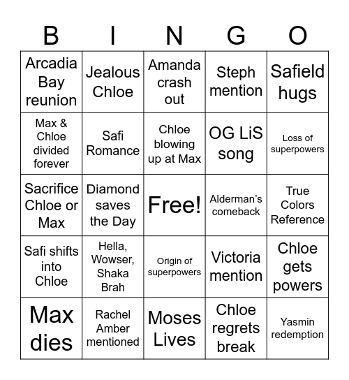 Life is Strange 2026 Bingo Card