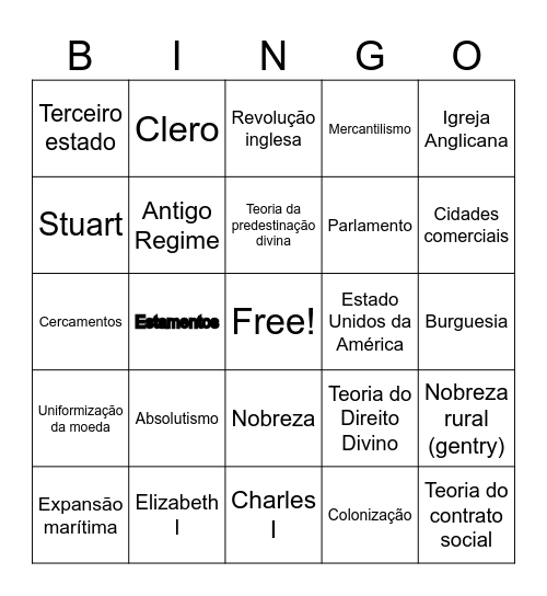 Bingo Antigo Regime/ Revolução inglesa Bingo Card