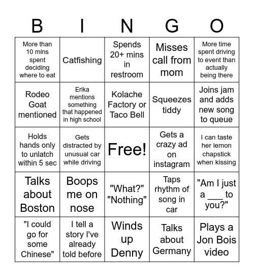 Date With Erika Bingo Card