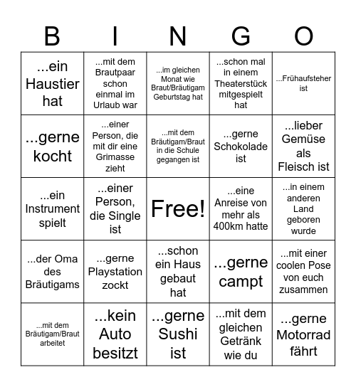 Hochzeit Bingo-Tombola Bingo Card