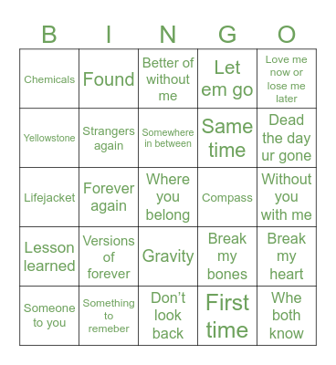 Songs bingo Card
