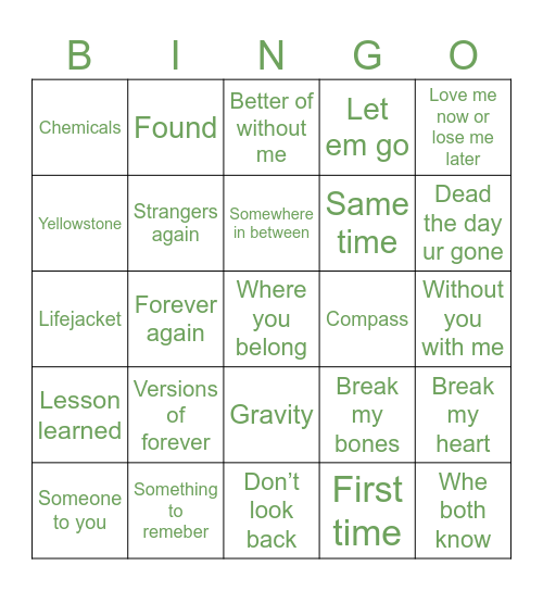 Songs bingo Card