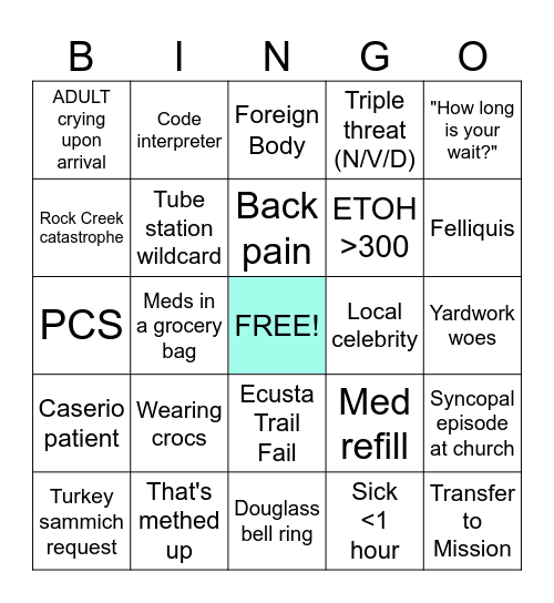 Sunday Funday ED Bingo Card