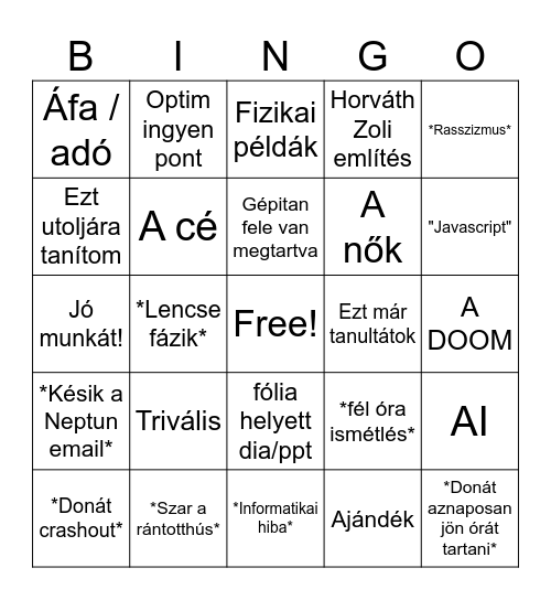 Proginfó Bingó Bingo Card